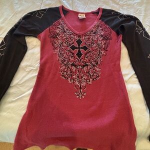 Vocal shirt, Gently used long sleeve, red and black top with embellishments